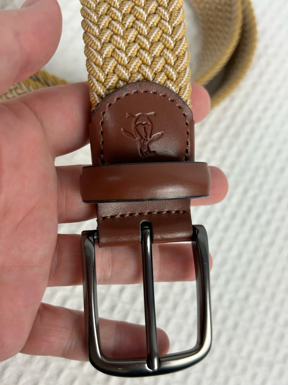 Penguin Stretch Woven Braided Belt Tan Brown Leather Trim Gunmetal Buckle M 34-3